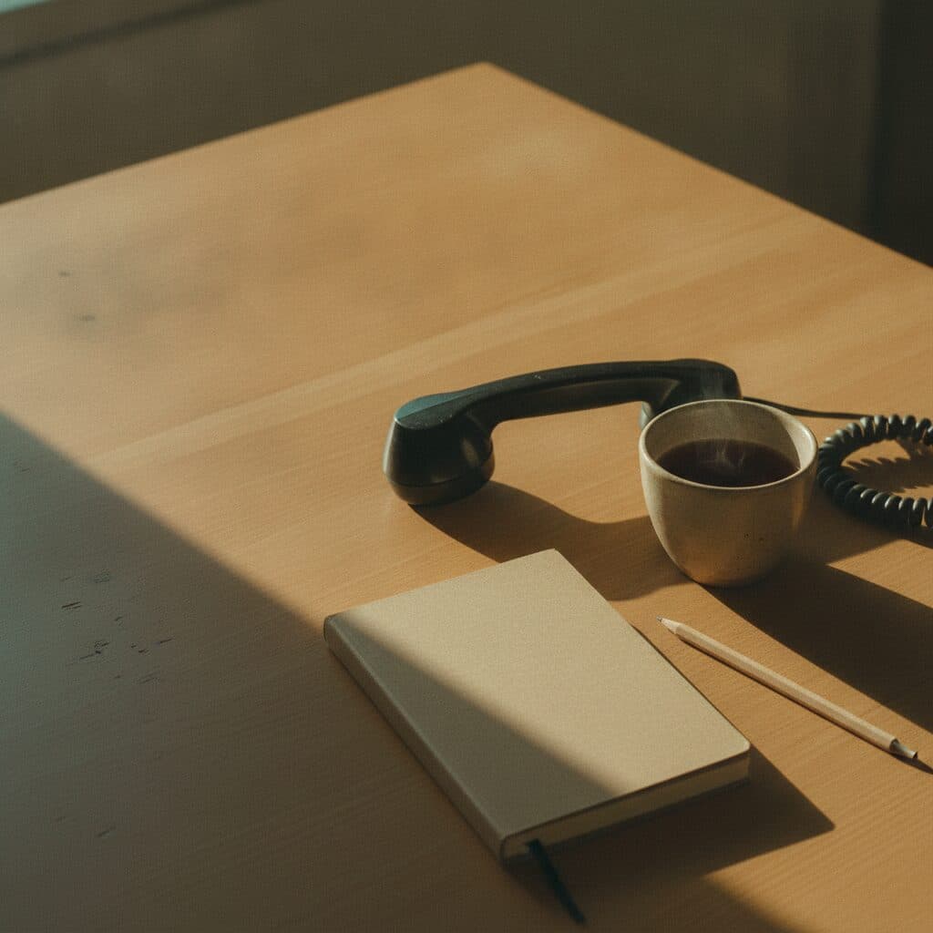 Schreibtisch mit Notizbuch, Stift und Telefonhörer — Symbolbild für eine Feldlesung am Telefon