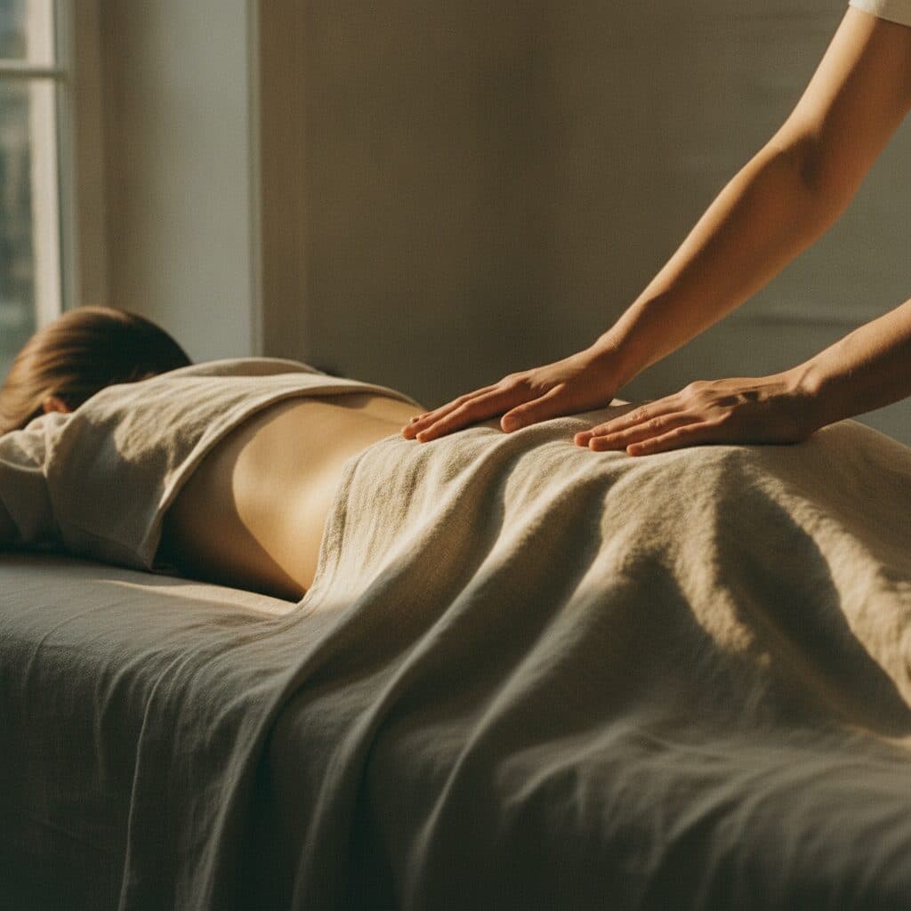 Hände liegen ruhig auf dem Rücken einer liegenden Person — Symbolbild für craniosacrale Arbeit