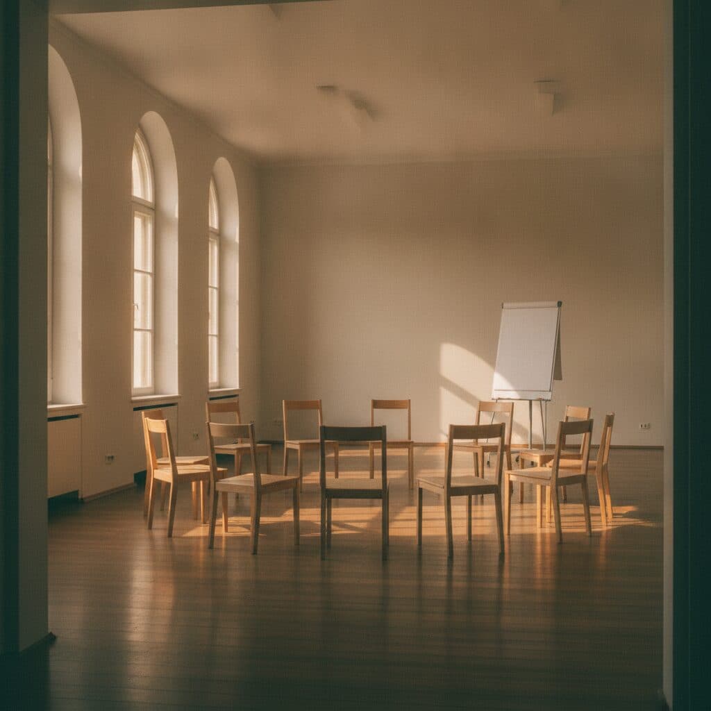 Stuhlkreis in einem leeren Seminarraum — Symbolbild für die Seminare zum Lesen im morphischen Feld